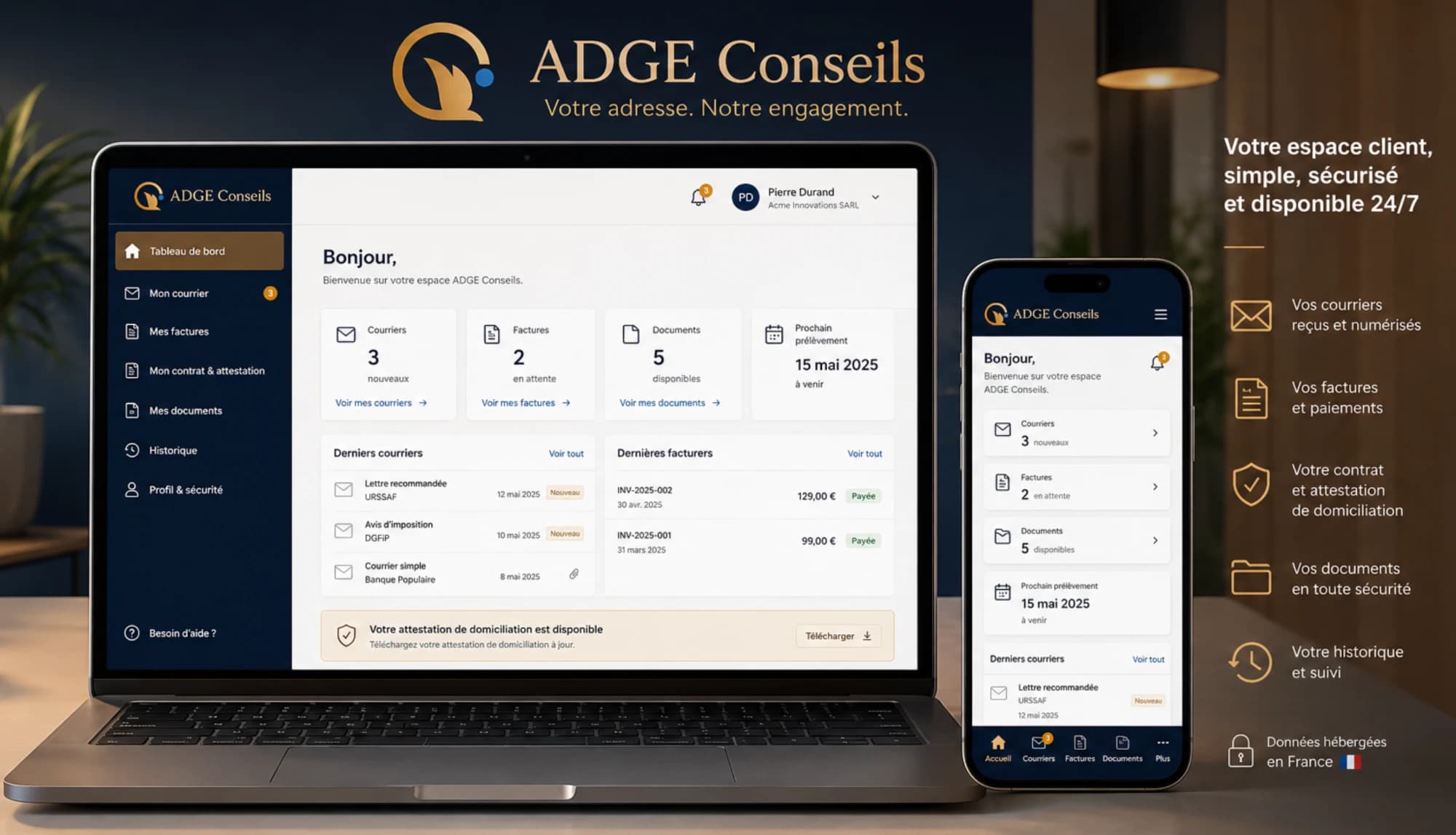 Espace client ADGE Conseils : courriers numérisés, factures, documents et attestation de domiciliation